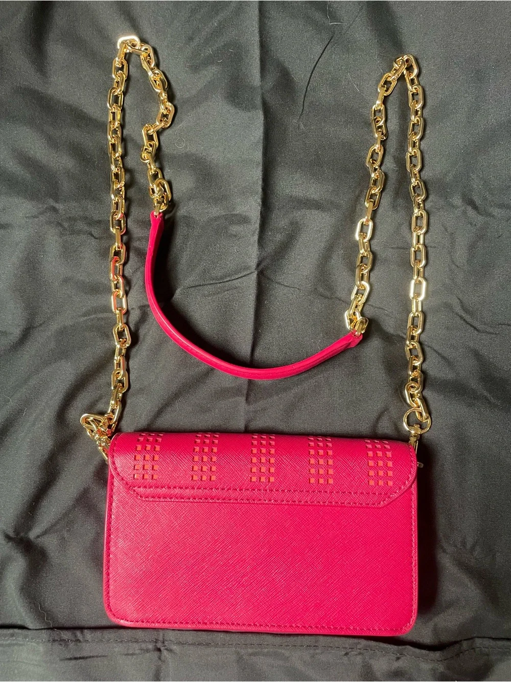 Tory Burch Fuchsia Pink Perforated Saffiano Crossbody Bag Gold Chain Hot Pink
